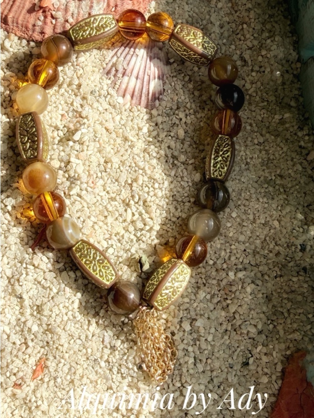 AMBER Brown Agate Beaded Bracelet with Gold CHAIN FRINGE Charm